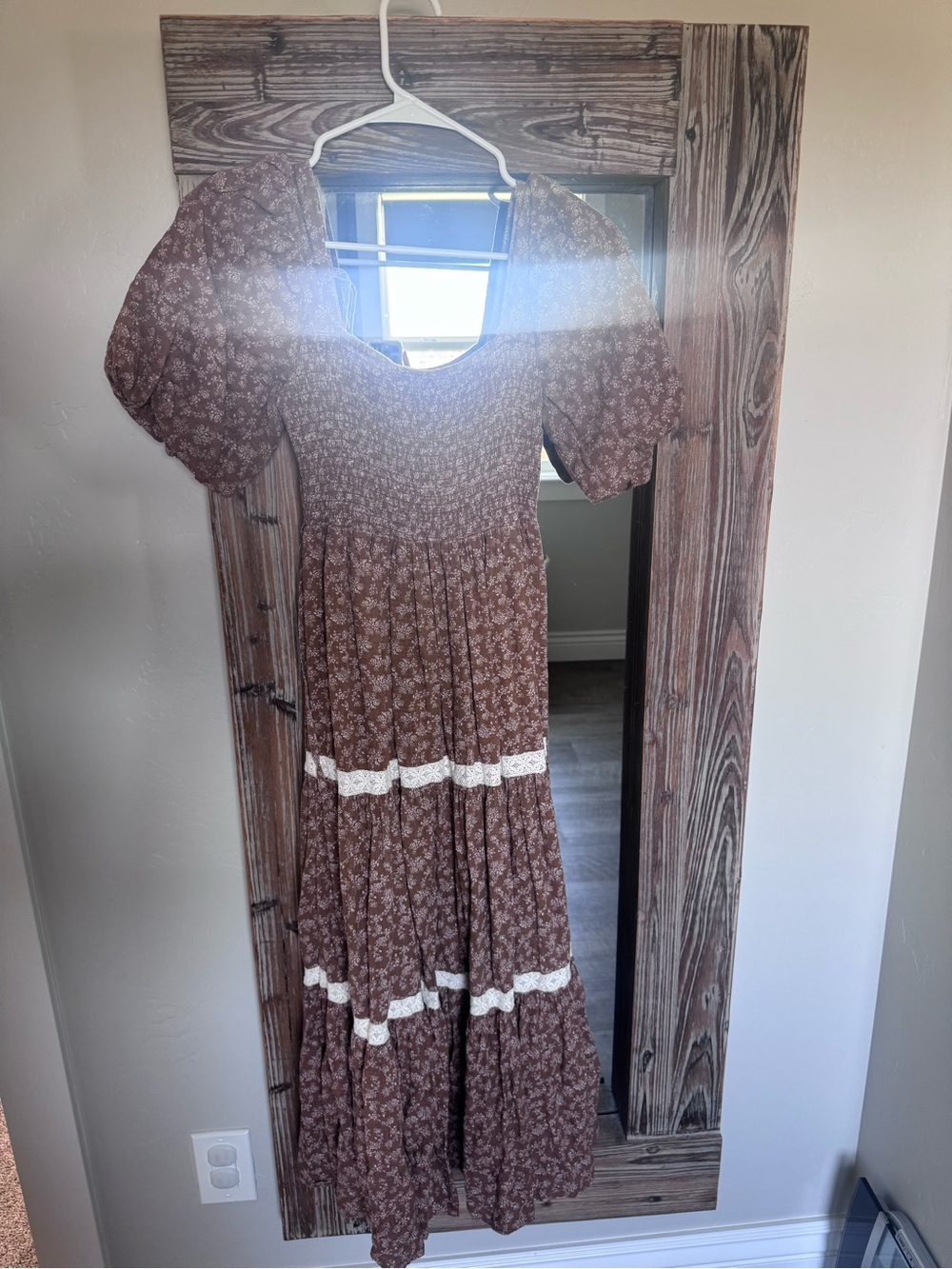 bohme Brown Floral Tiered Maxi Dress with White Lace Trim